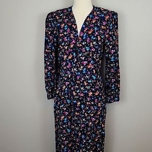 VINTAGE Periwinkle Black Floral Long Sleeve Button Down Dress